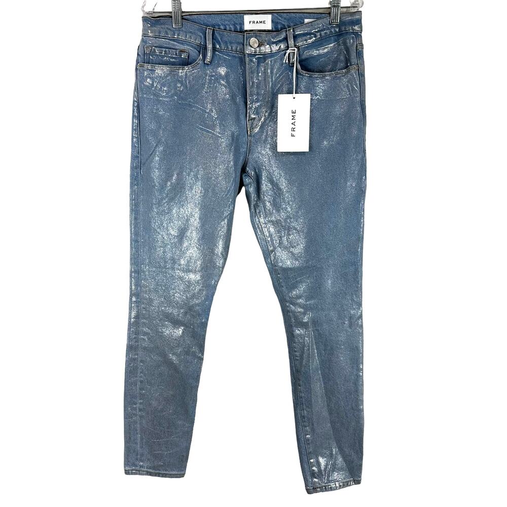 Frame NWT Le Skinny De Jeanne Mid Rise Shiny Fit Wax Coated Jean Size 31 Blue